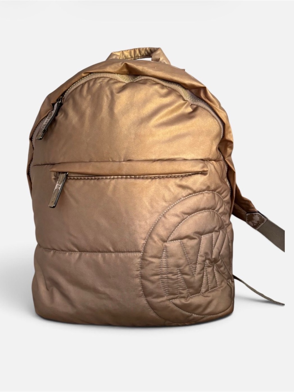 Michael Kors Rose Gold Metallic Quilted Nylon MK Logo Backpack Puffer Bookbag